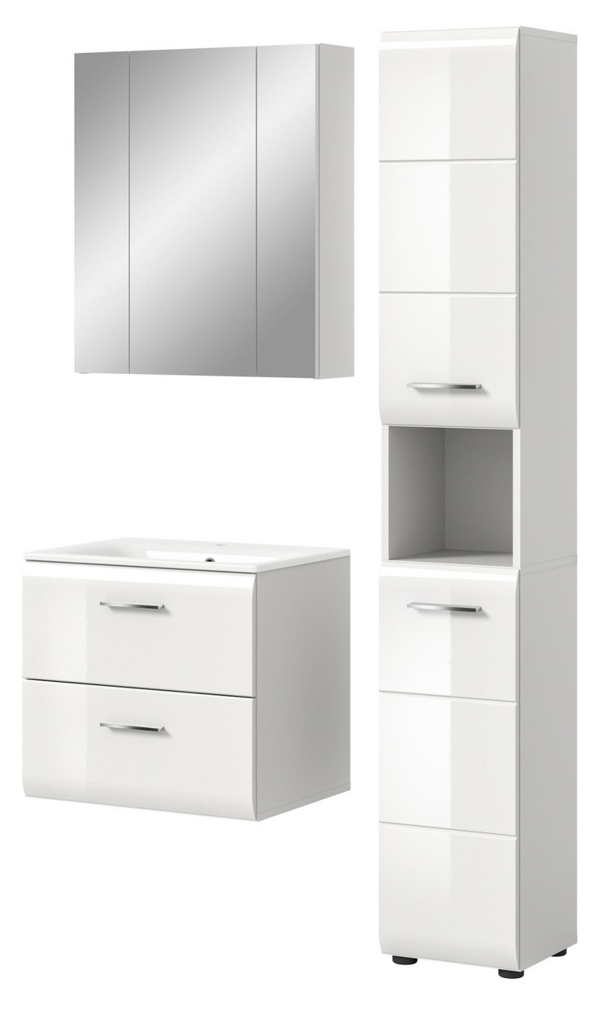 BADMÖBEL SET 3-teilig in weiß Hochglanz inkl. Waschbecken 105 x 185 cm Cover - Weiß Hochglanz/Silberfarben, Holzwerkstoff/Kunststoff (105/185/46cm) - Inn.Furn