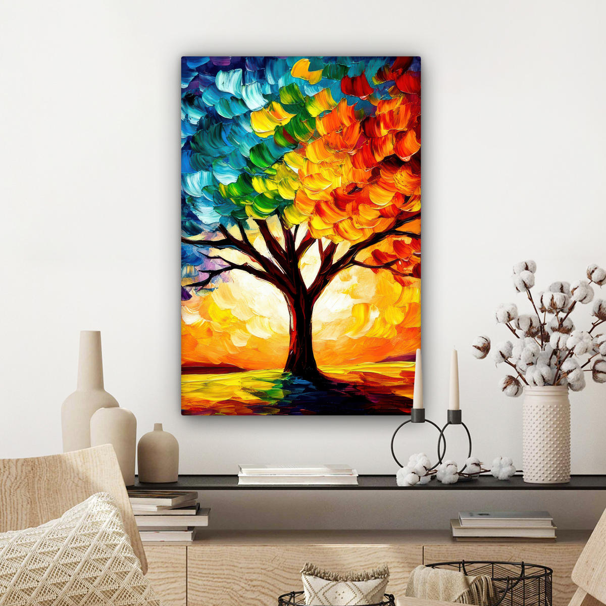 LEINWANDBILD - Baum - Kunst - Natur - Sonnenuntergang - 60x90 - Kunstdruck - Multicolor, Textil (60/90cm) - MuchoWow