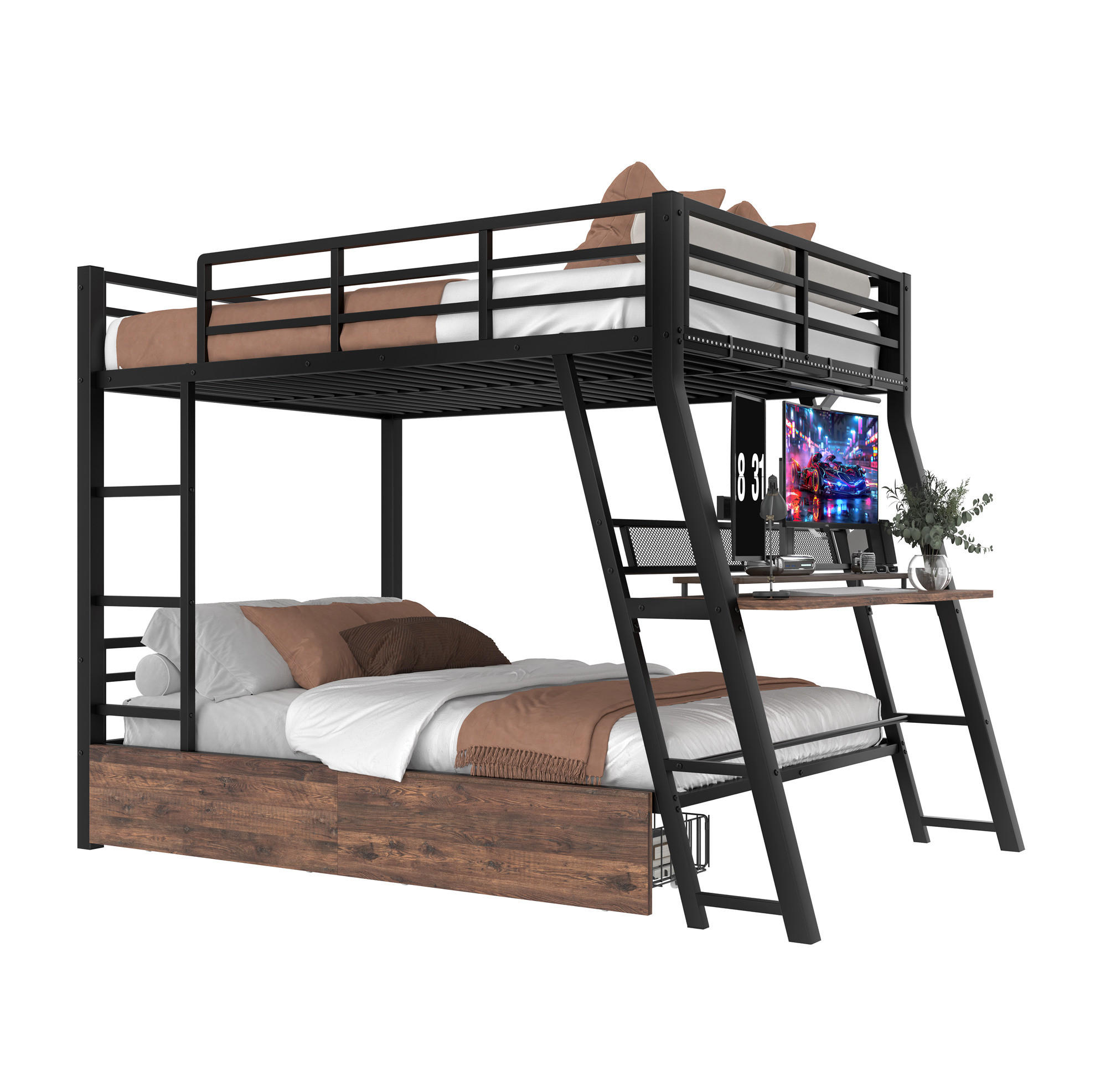 HOCHBETT 140/200 cm mit Schreibtisch, LED-Beleuchtung, 2 Schubladen und Treppe, Metallrahmen, Schwarz - Schwarz, Metall (140/200cm) - Redom