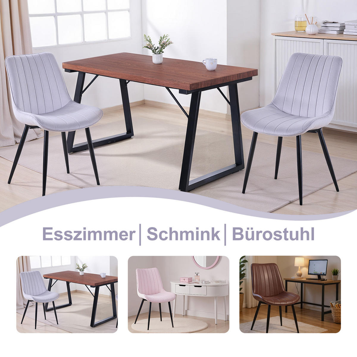 STUHL-SET 2 Stück aus Samt in Modernem Stil-YZ1 - Hellgrau, Textil/Metall (62.5/88/53cm) - HOMAVO