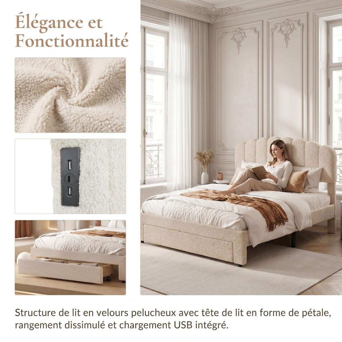 BETT 160x200 cm mit Schublade und USB-Anschluss, Kopfteil, Teddy-Velours, Beige - Beige, Holzwerkstoff/Textil (160/200cm) - WoodenAura