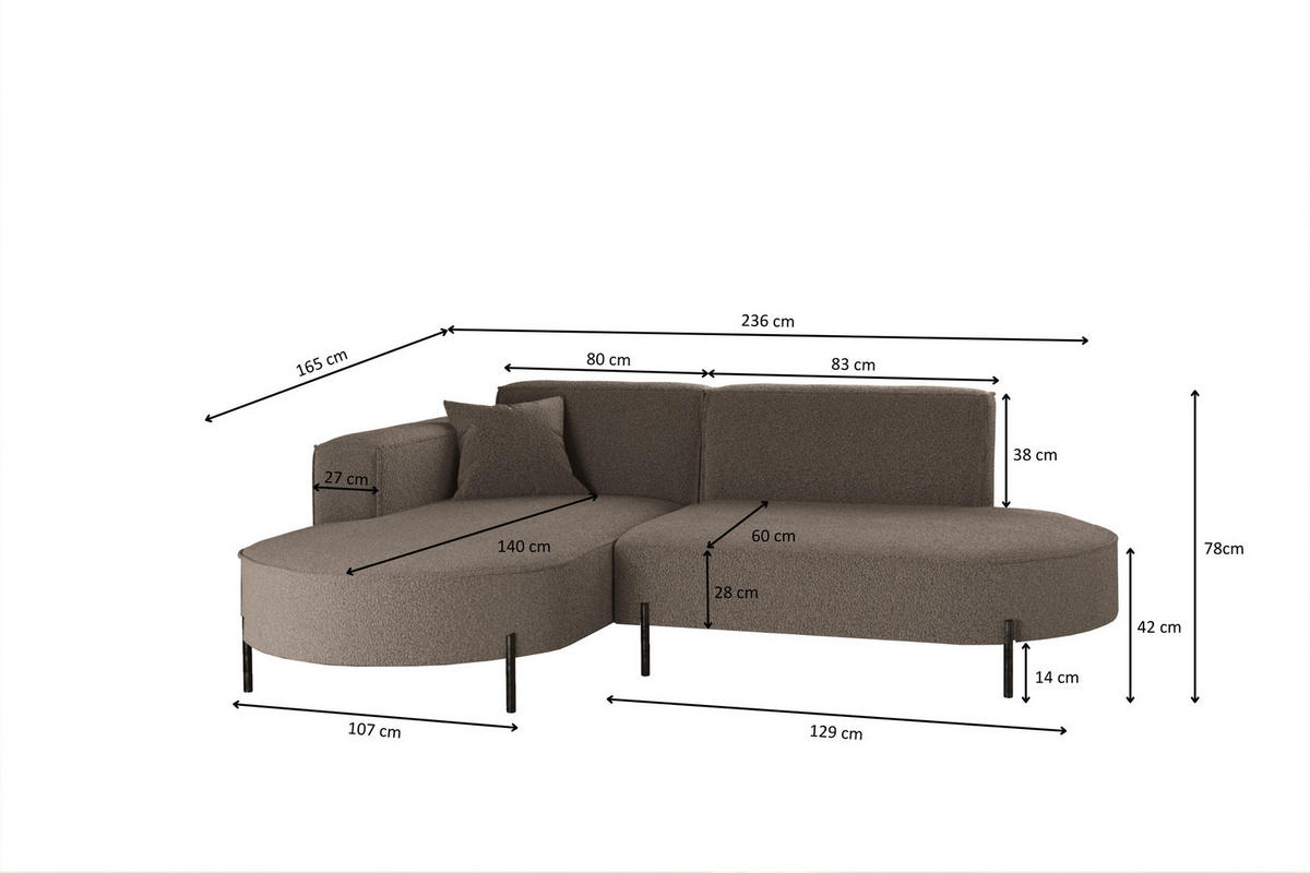 ECKSOFA L-Form Designer Modena Rein Stoff Quelle Braun Links - Braun, Holz/Textil (165/236cm) - Kaiser Möbel