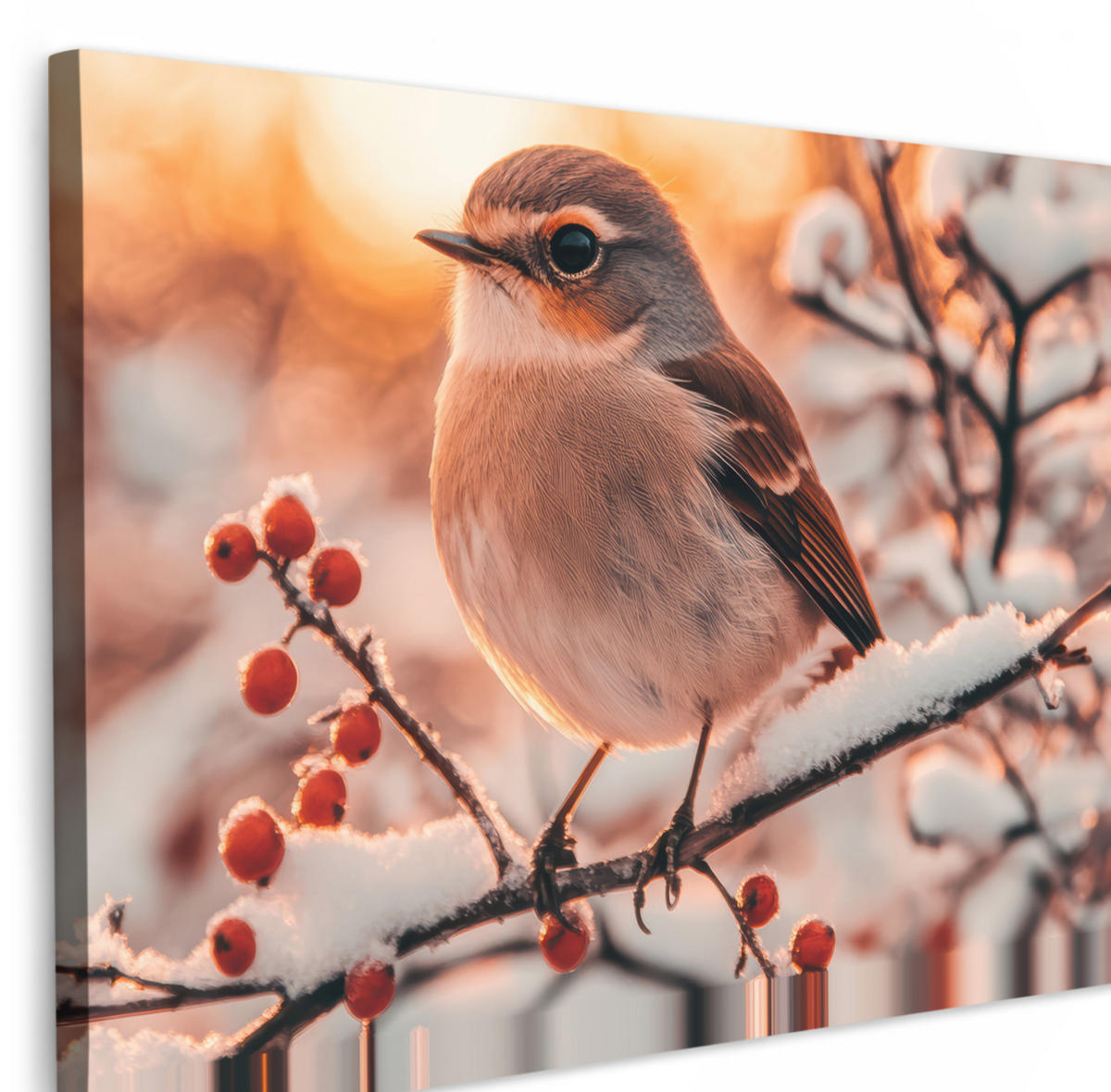 LEINWANDBILD Vogel - Zweig - Winter - Tiere - Schnee Gemälde 60x40 cm - Bernsteinfarben, Textil (60/40cm) - MuchoWow