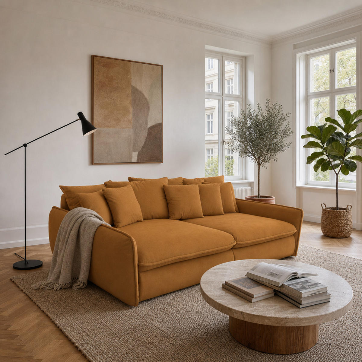 BIGSOFA Hereford Flachgewebe Gold inkl. 11 Kissen 234/131/61 cm - Dunkelgelb, Kunststoff/Textil (234/61/131cm) - foamnova
