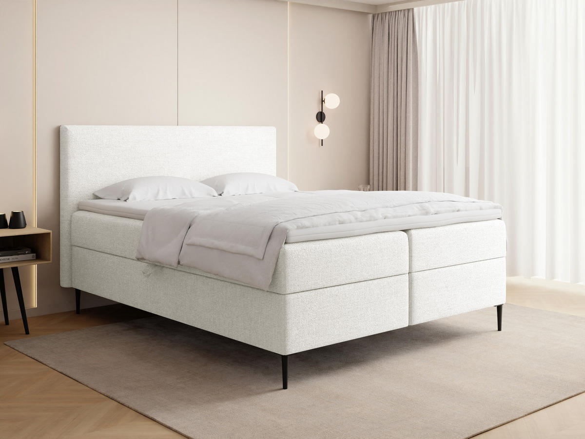 BOXBETT Alba Rise mit Bettkasten, Weiß Chenille 140x200 cm – inkl. H4 Taschenfederkern Matratze & Foam Topper - Schwarz/Weiß, Holz/Textil (140/200cm) - WFL GROUP
