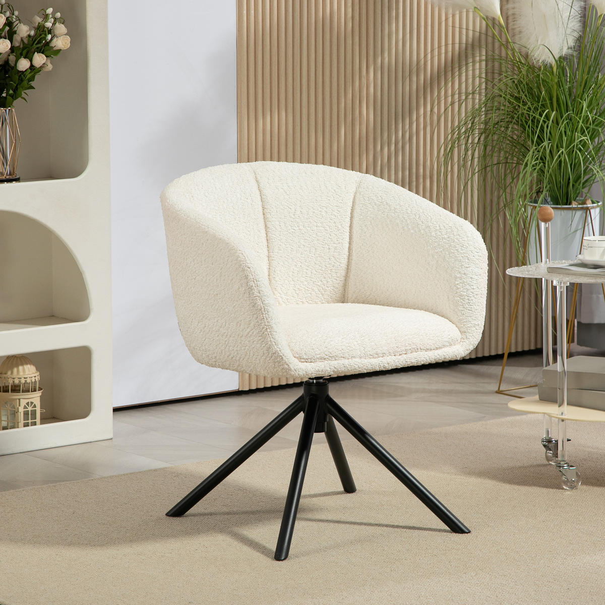 SESSEL Loungesessel mit Armlehne, 360° Drehfunktion, Leinenoptik, Cremeweiß - Creme, Kunststoff (58.5/78.5/59cm) - HOMCOM