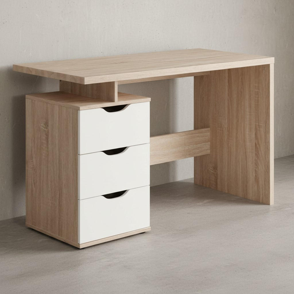 SCHREIBTISCH – Sonoma Weiß, 120x76x53 cm, 3 Schubladen, stilvoll - Beige, Holz (53/120/76cm) - KADIMA DESIGN