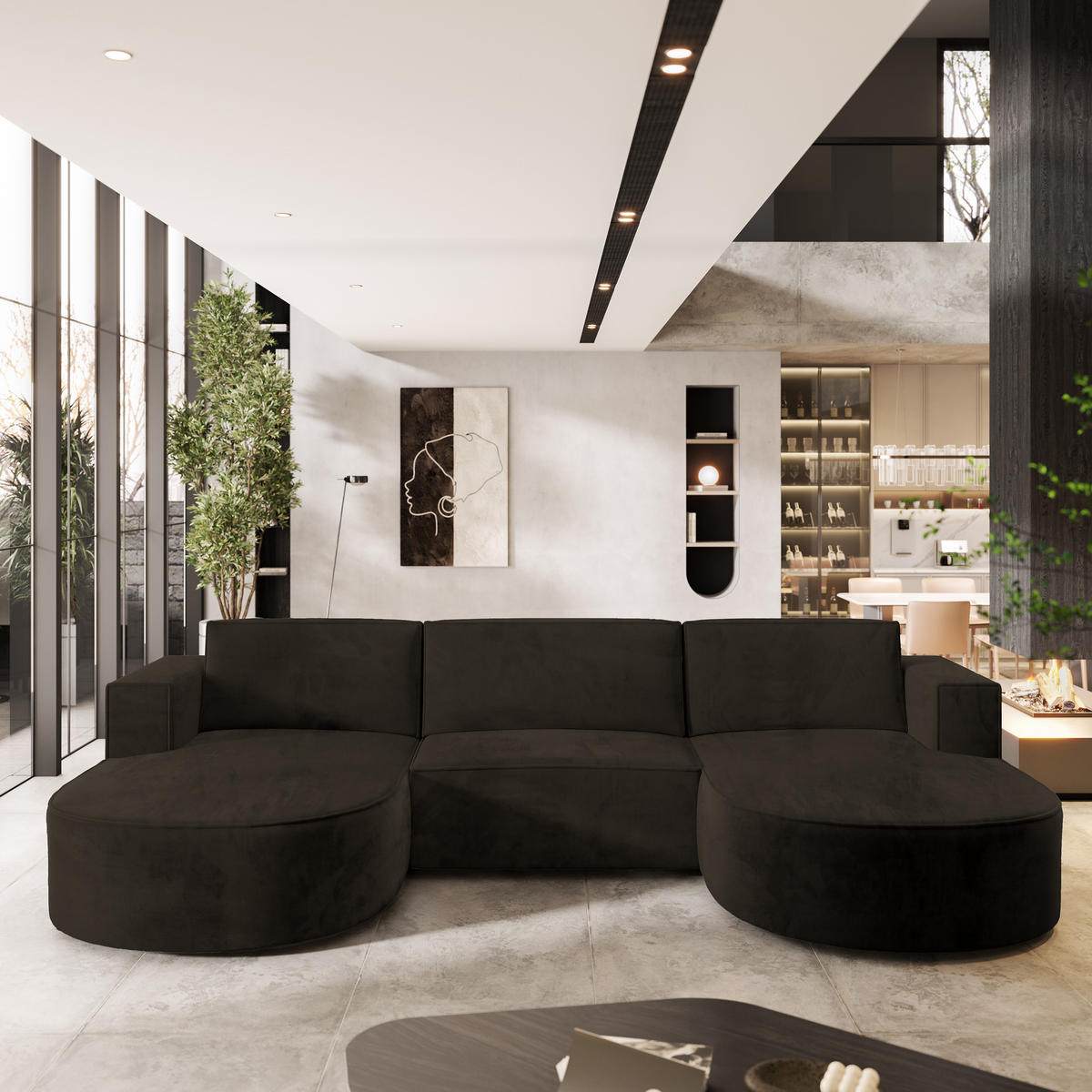 ROHOVÁ SEDAČKA VEZZO hnědá - šedá/hnědá, dřevo/textil (347/174cm) - MASSENO