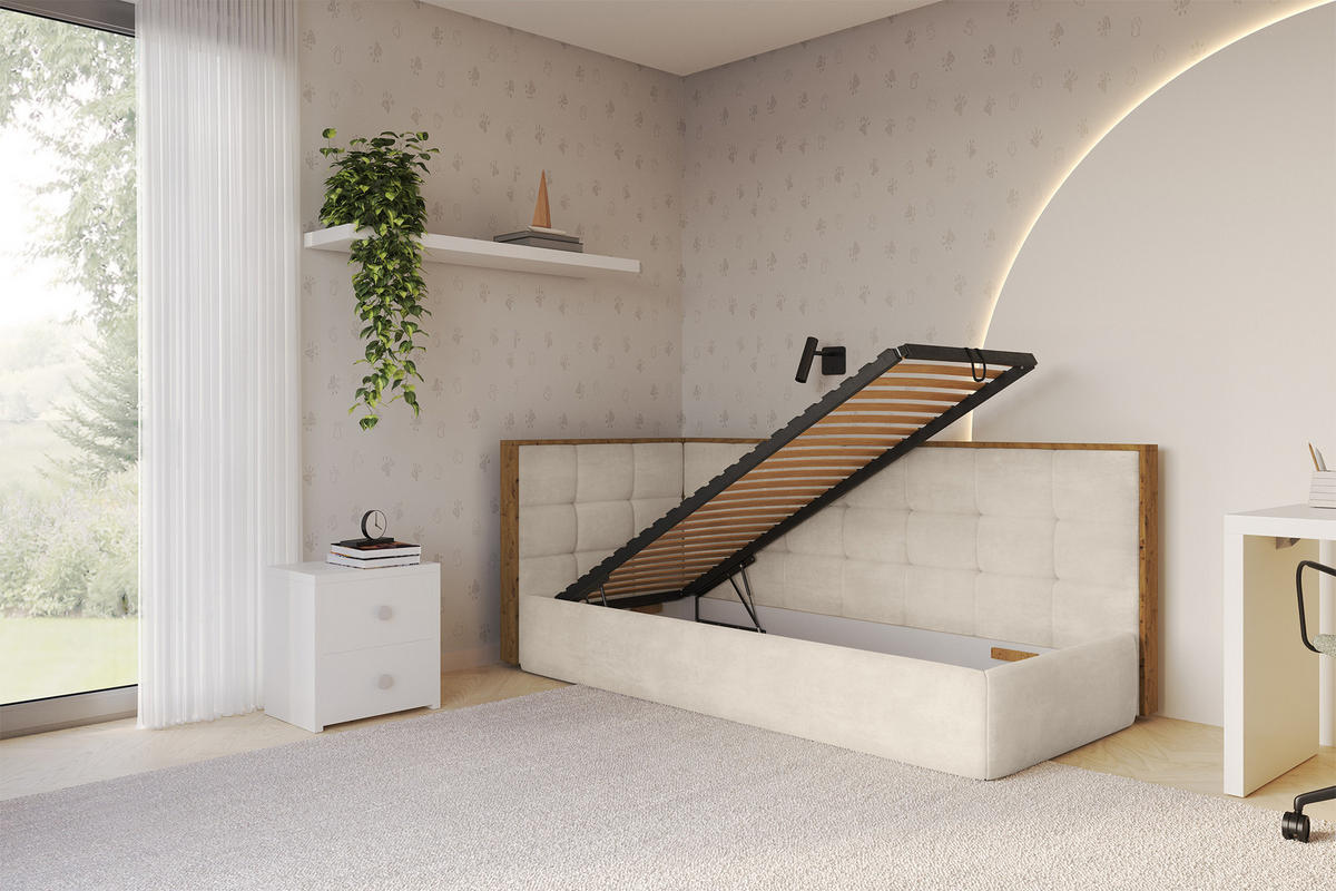 EINZELLBETT Jugendbett mit Bettkasten, Rechts - SOVY 100x200 Beige - Naturfarben, Holzwerkstoff/Textil (100/200cm) - ALTDECOR