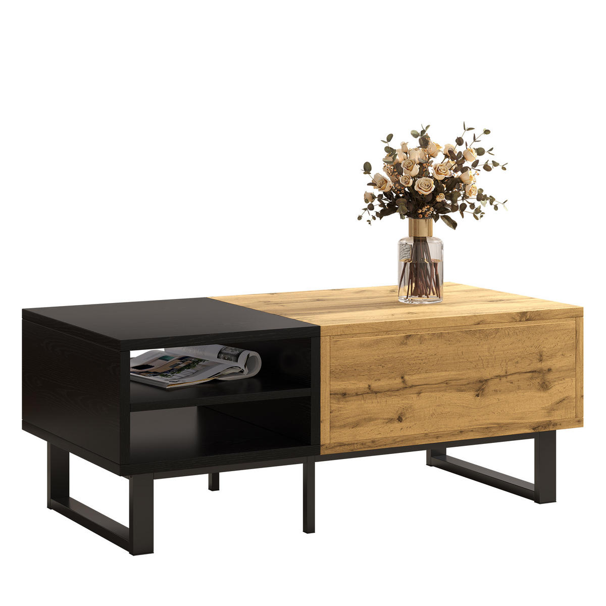 COUCHTISCH 100/50/40 cm schwarz und natur mit 3 Fächern und Schublade - Naturfarben, Holzwerkstoff (100/50/40cm) - OKWISH