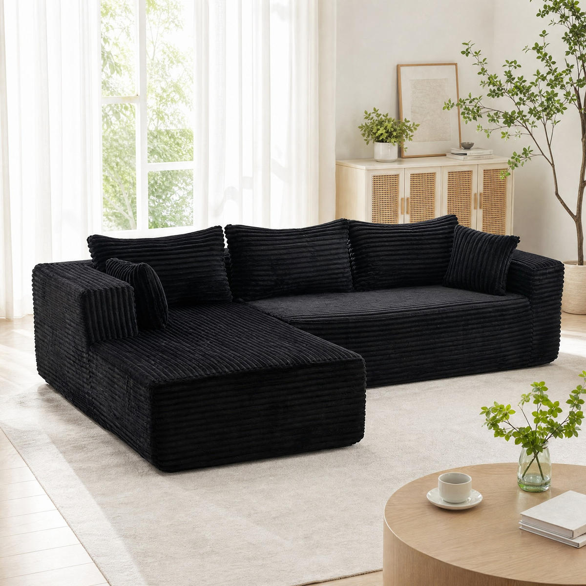 SOFA mit Chaise 2-teilig Schwarz Cord - Schwarz, Kunststoff (179/279cm) - Meubliv
