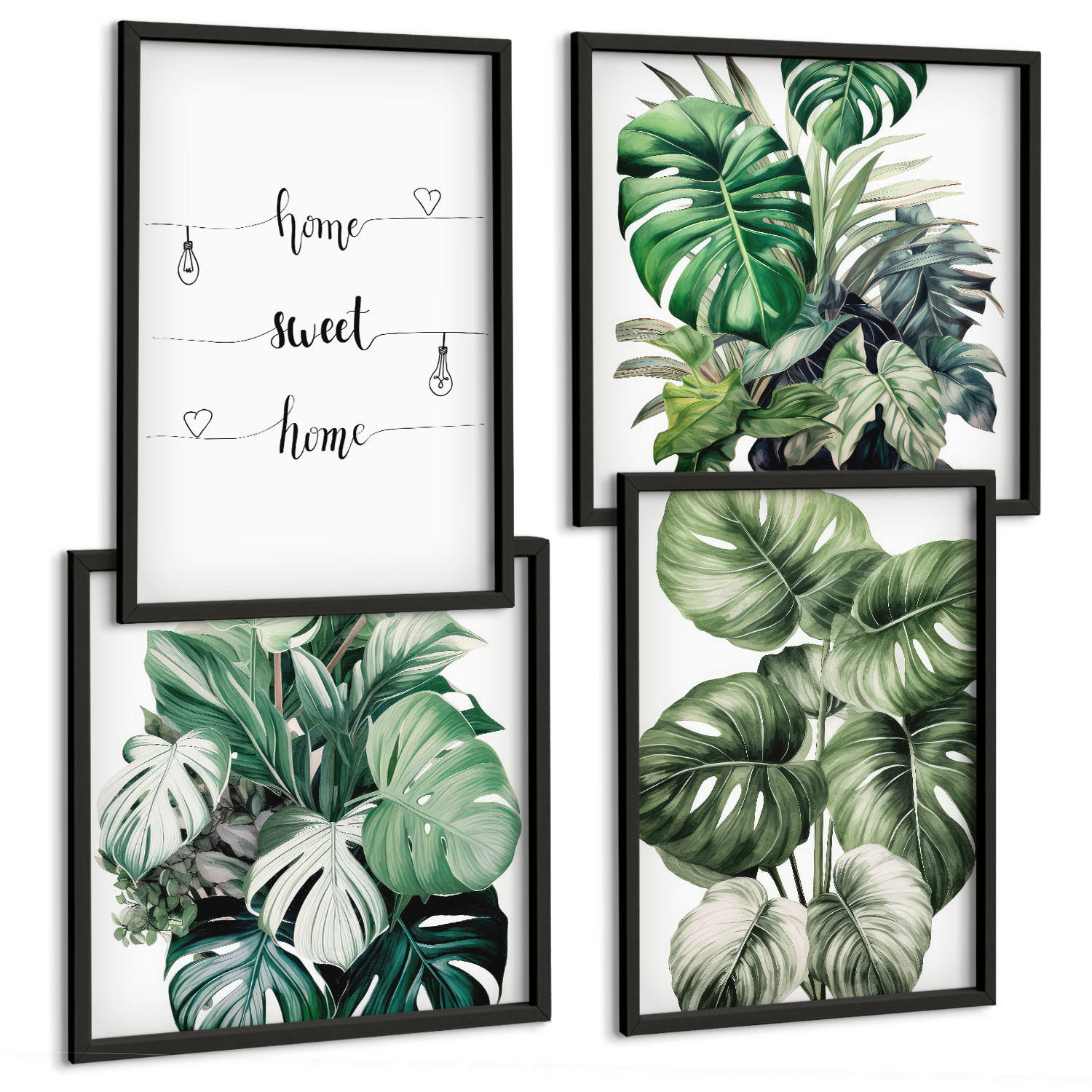 BILDER SET 4er Set - 50x50 cm & 40x60 cm Schwarzer Rahmen - Aquarell-Monstera-Blätter - Schwarz, Kunststoff (50/50cm) - TULUP