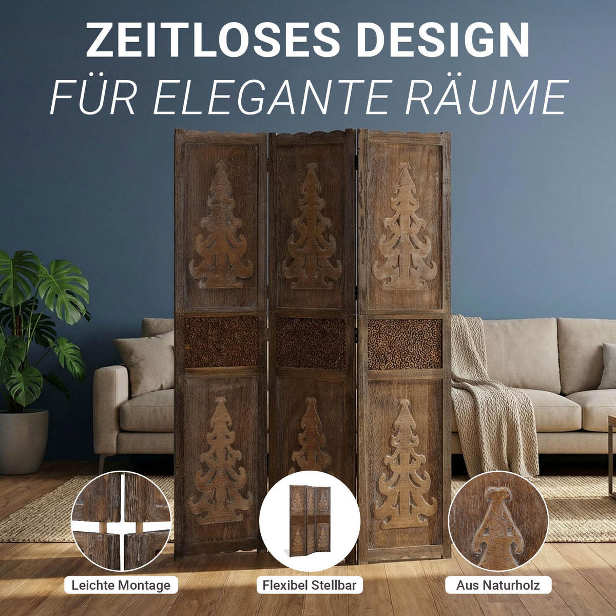 PARAVENT 3-tlg. 120/170 cm Braun Holzverzierung - Braun, Holz (120/170/2cm) - Homestyle4u