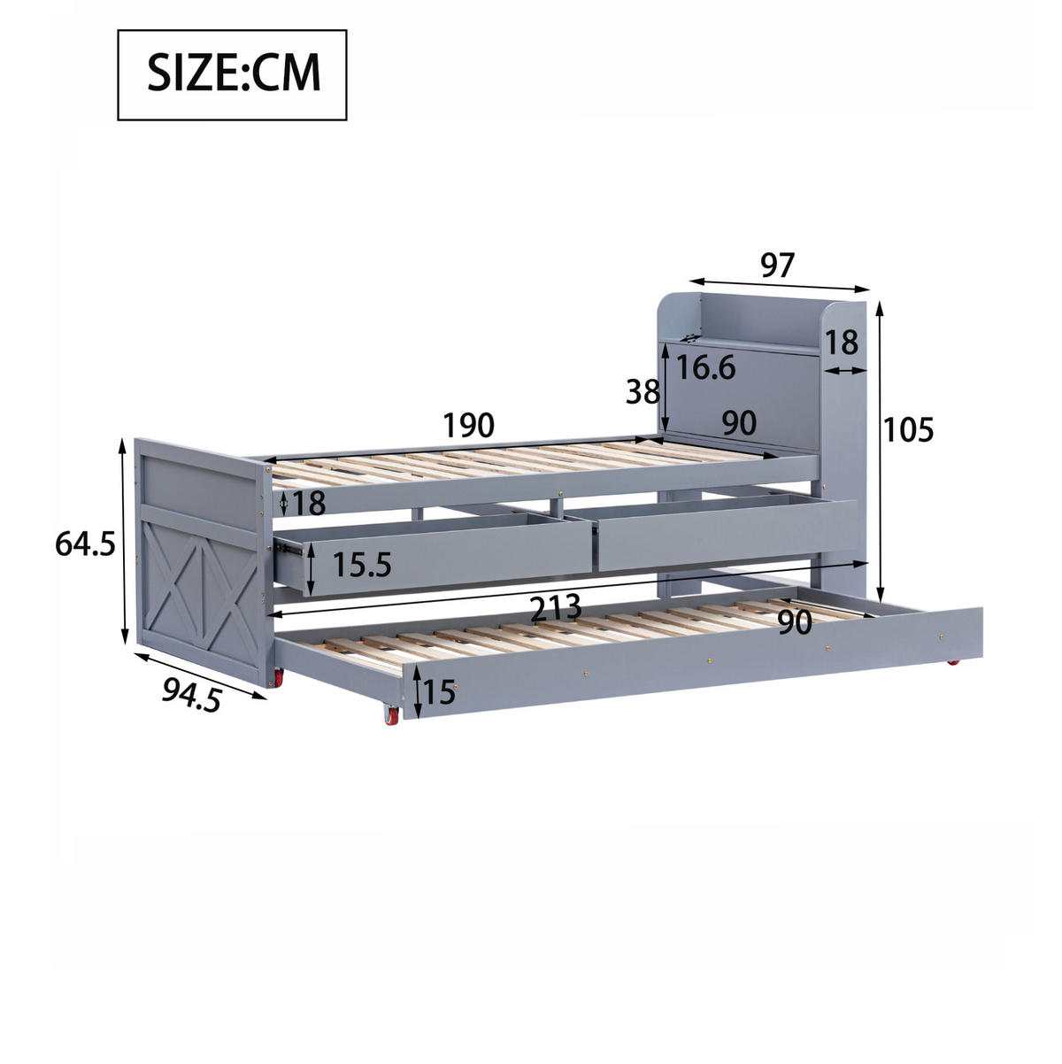 JUGENDBETT 90/190 cm mit Ausziehbett, 2 Schubladen, Nachttisch mit USB und Stauraum, Grau - Grau, Holzwerkstoff (90/200cm) - Redom