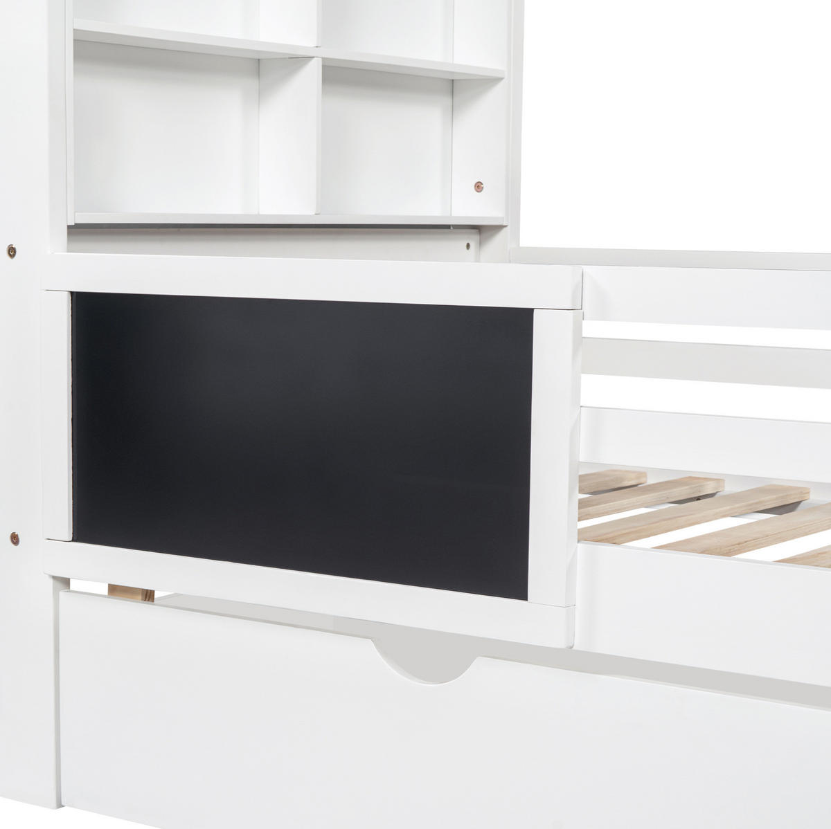 DETSKÁ posteľ 90/200 cm biela s tabuľou, zásuvkami a policou z masívneho dreva a MDF - biela, drevo (90/200cm) - OKWISH