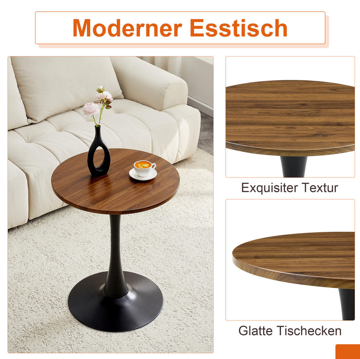 BEISTELLTISCH aus MDF 60x60x72 cm und Metall in Walnussfarben und Schwarz mit Thermoform-Oberfläche - Schwarz, Holzwerkstoff (60/60/72cm) - IVMEU