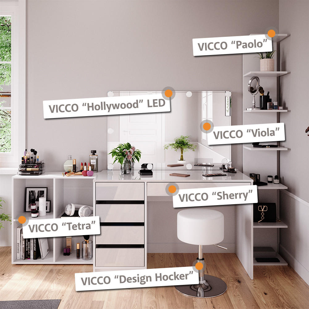 SCHMINKTISCH Sherry Weiß 120 cm mit LED Beleuchtung und Hocker - Weiß, Holzwerkstoff (120/75/55cm) - Vicco