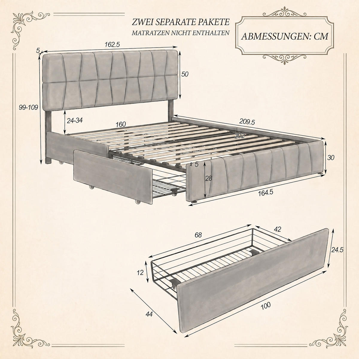 POLSTERBETT 160x200 cm mit Stauraum, Doppelbett mit 4 Schubladen, Lattenrost, grauer Samtstoff - Grau, Holz/Textil (160/200cm) - GENKI LIVING