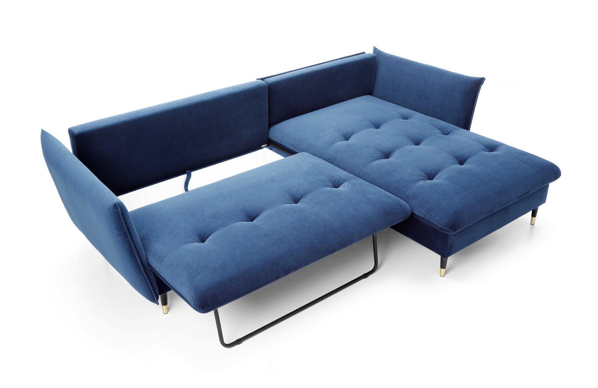 ECKSOFA GLAM mit Schlaffunktion, Ottomane & goldenen Füßen – Samtsofa im Glamour-Stil mit Zierkissen, 258x167x91 cm, rechte, blau​ - Blau, Holz/Textil (258/167cm) - DomoHome