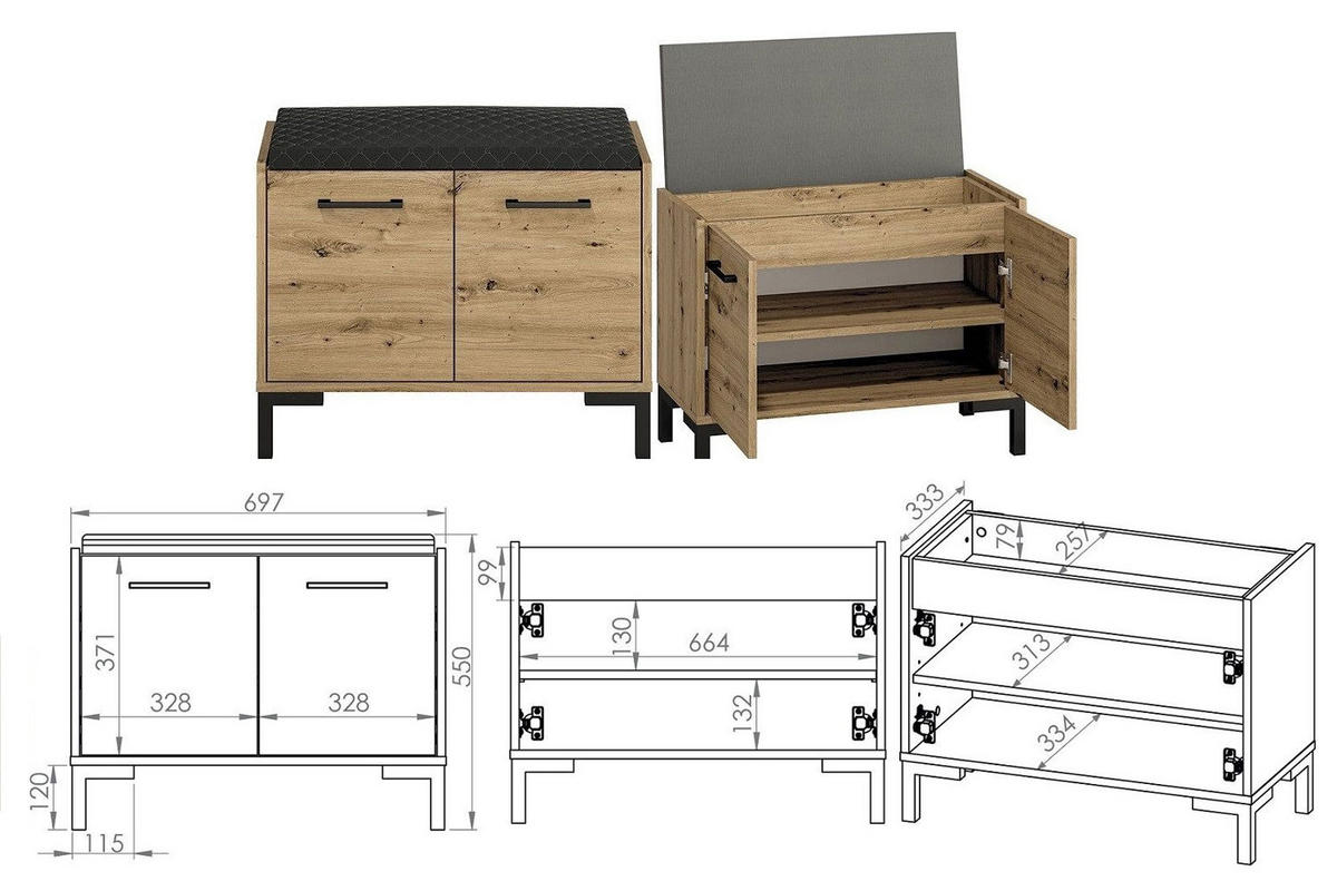 GARDEROBE 2-teilig Nevio Artisan Eiche / schwarz 2-teilig - Eichefarben/Schwarz, Holz/Holzwerkstoff (70/200/34cm) - Feldmann-Wohnen