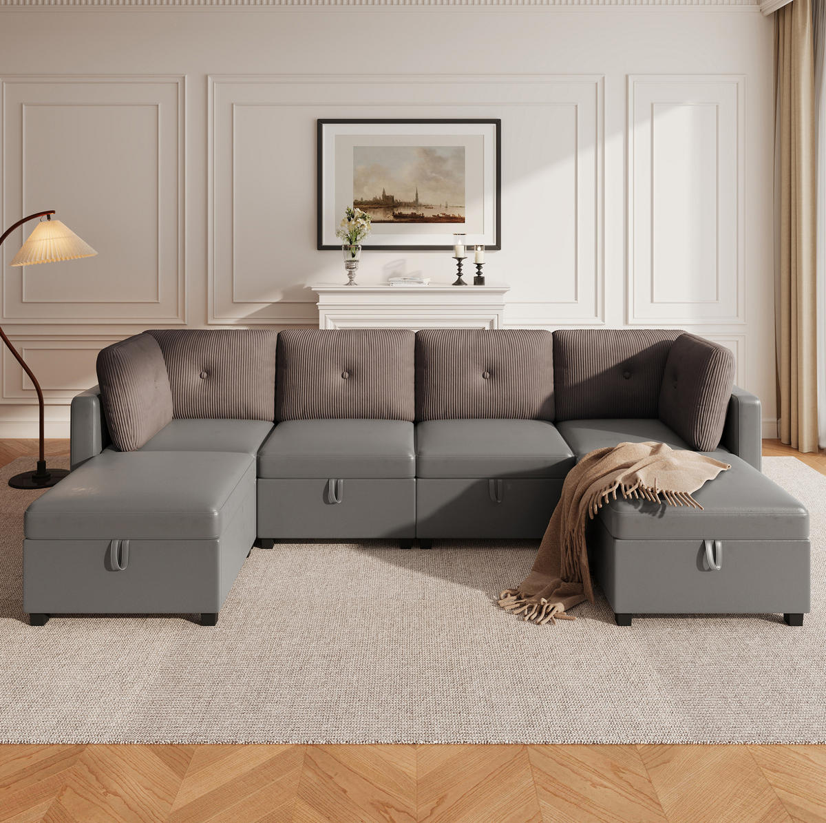 SOFA modular mit Stauraum ca. 261 x 132,5 cm Samt/Cord Antique Grey 6-teilig - Grau, Kunststoff (132.5/85/261cm) - Meubliv