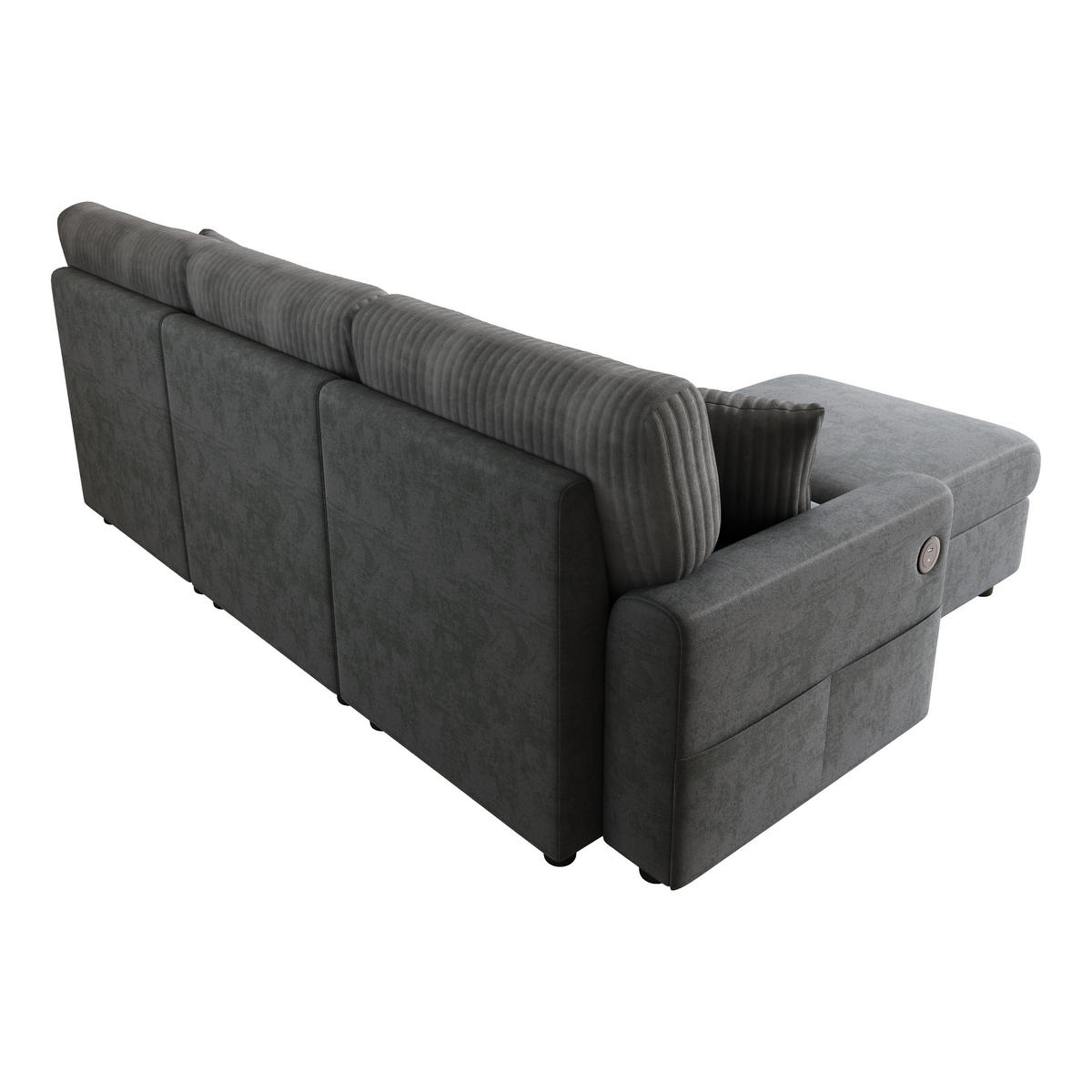 ECKSOFA Chenille und Cord Schwarz mit USB, Type-C und mit Hocker - Schwarz, Holzwerkstoff/Kunststoff (223/146cm) - WISHDOR