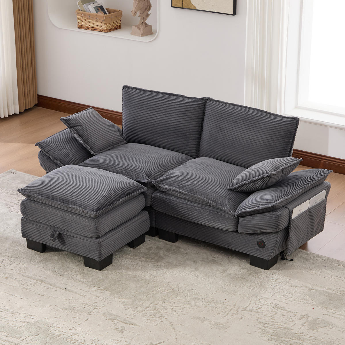 2-SITZER Sofa aus Cord 190x132x84 cm mit Hocker & USB-C, dunkelgrau - Dunkelgrau, Textil (132/84/190cm)