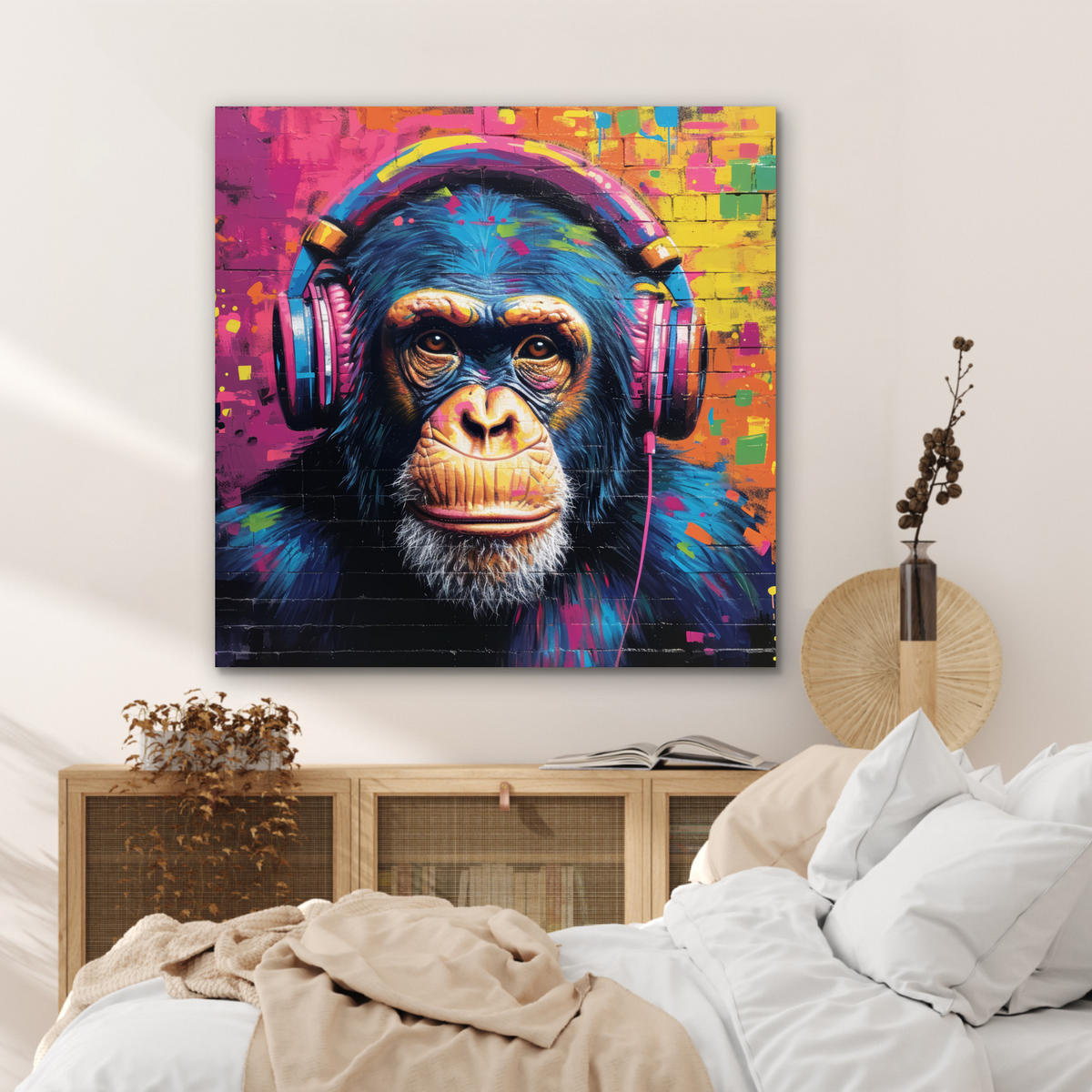 KOVOVÝ OBRAZ Graffiti - Šimpanz - Street art - Slúchadlá - Opica 90x90 cm - modrá, kov (90/90cm) - MuchoWow