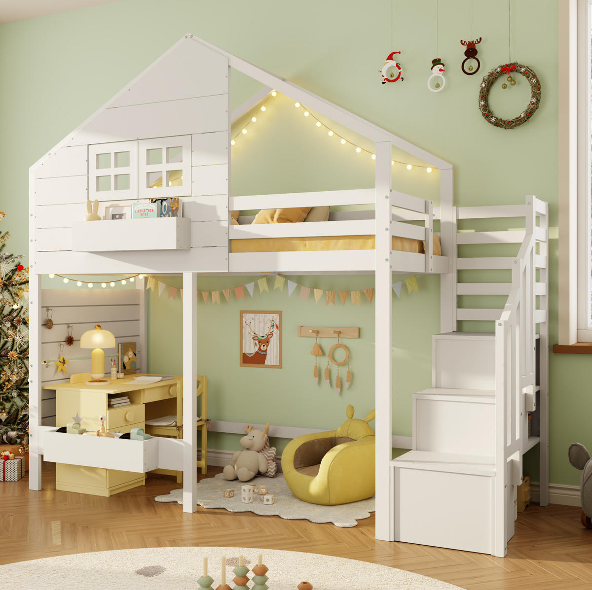 ETAGENBETT 90x200 cm mit Stauraumtreppe und Fenster Weiß - Weiß, Holzwerkstoff (90/200cm) - Beauniv
