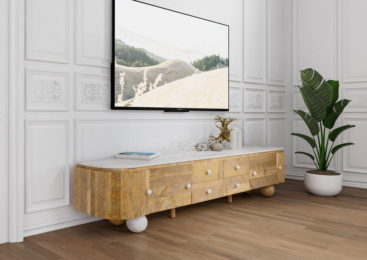 TV-BOARD Mango 240x40x50 natur lackiert / Marmor weiß FLORENZ #103 - Naturfarben, Holz (240/50/40cm) - Massivmoebel24