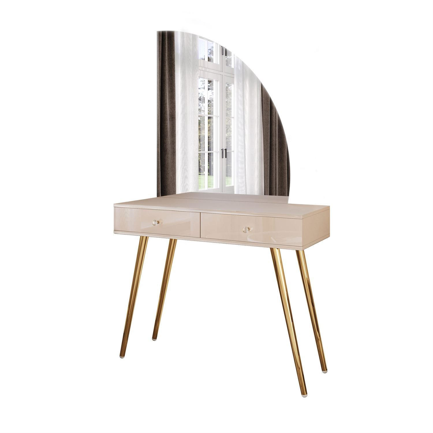 SCHMINKTISCH SIENNA-QS KASCHMIR mit LED-Spiegel Kristallgriff - Beige, Holzwerkstoff (100/81/42cm) - Lookway