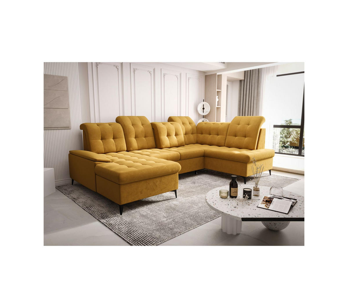 WOHNLANDSCHAFT KONGO RBN17, Eckcouch in U-Form mit Schlaffunktion, Farbe: Gelb, Velourstoff, Ottomane Links - Gelb, Textil (343/107/210cm) - O-Sofa