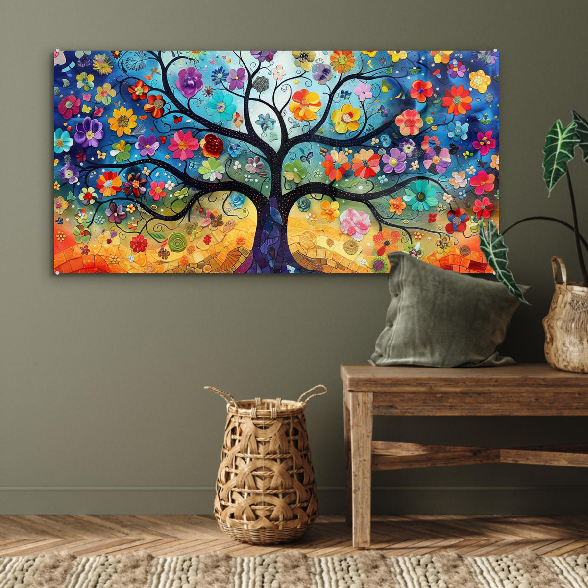 OBRAZ NA AKRYLOVOM SKLE Umenie - Strom života - Kvety - Hippie 120x60 cm - tmavomodrá, sklo (120/60cm) - MuchoWow