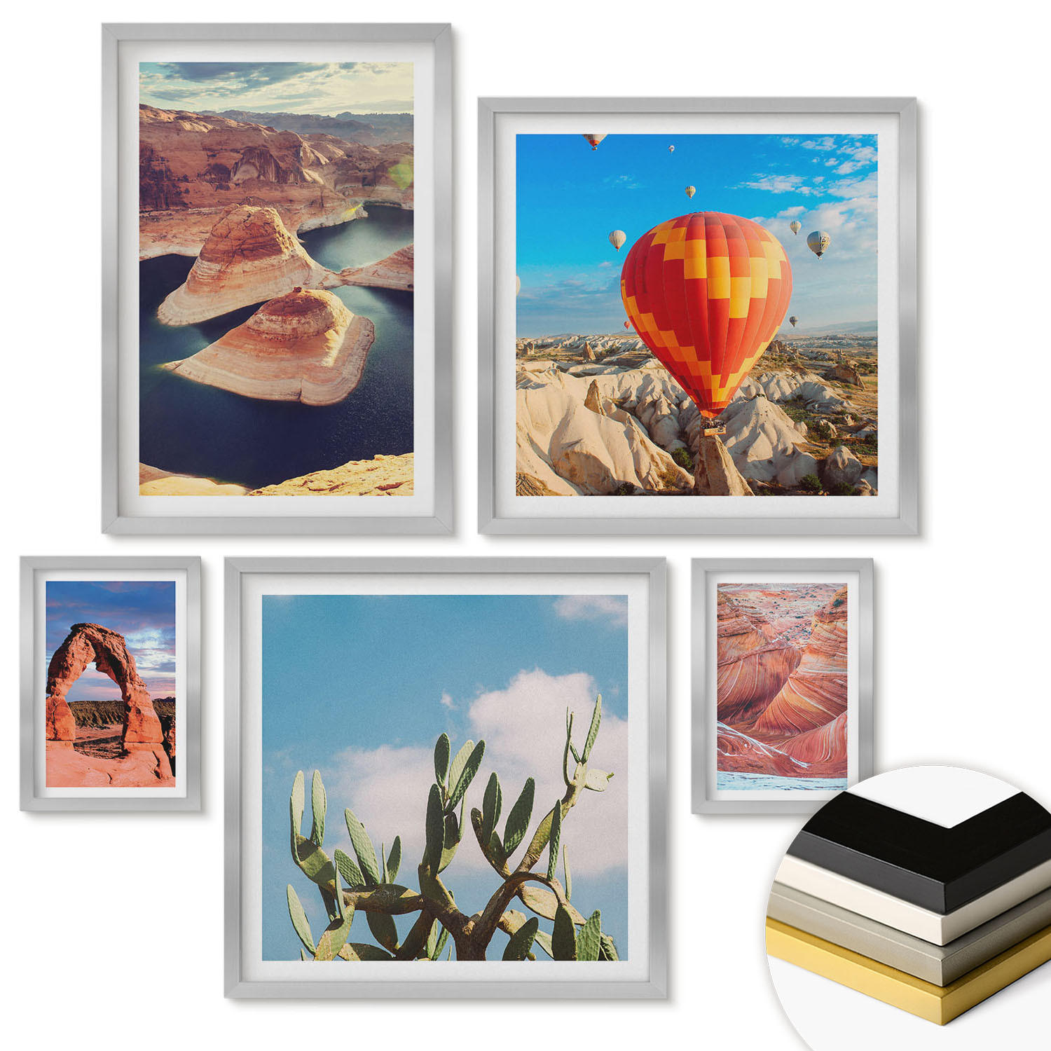 WANDBILDER 5er Set - 50x50 cm & 20x30 cm & 40x60 cm Silberner Rahmen - Berge, Seen, Wälder, Wege - Silberfarben, Kunststoff (40/60cm) - ArtPrintCave