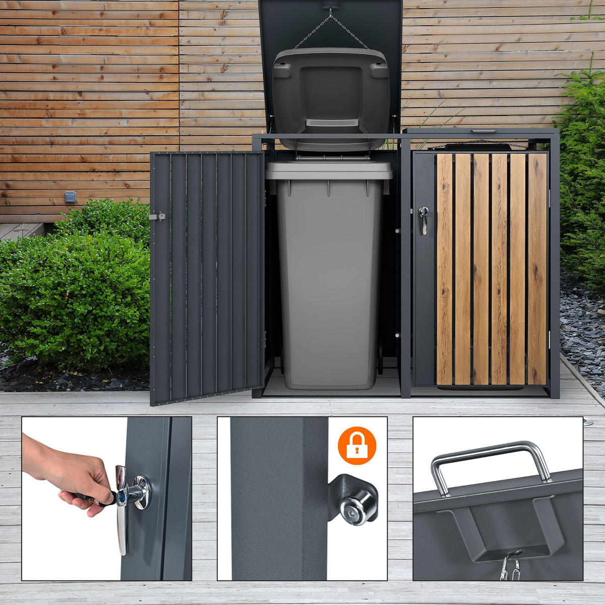 MÜLLTONNENBOX 4er Anthrazit-Eichenoptik - Graubraun, Metall (80/116.3/264cm) - ML-DESIGN