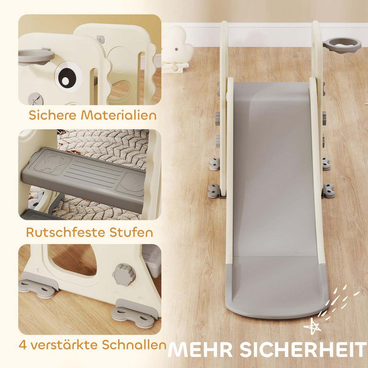 KINDERRUTSCHE 3 in 1 klappbar Kleinkinderrutsche mit Basketballkorb, Schnallen - Creme, Kunststoff (52/65/146cm) - AIYAPLAY