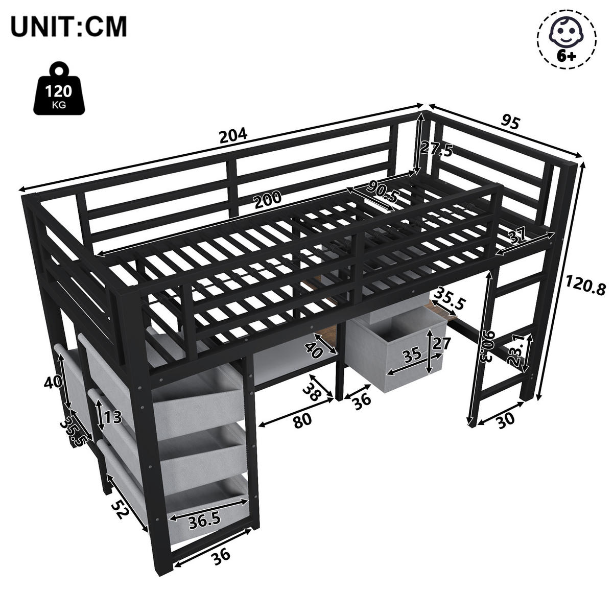 HOCHBETT aus Metall 90x200 cm in Schwarz mit LED-Beleuchtung & Stauraum - Schwarz, Metall (90/200cm) - Modfu