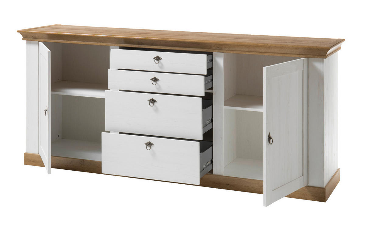 SIDEBOARD weiß Pinie, Eiche Wotan 210 cm, Anrichte im Landhaus-Stil - Eiche Wotan/Silberfarben, Holzwerkstoff/Metall (210/91/52cm) - Furn.Design