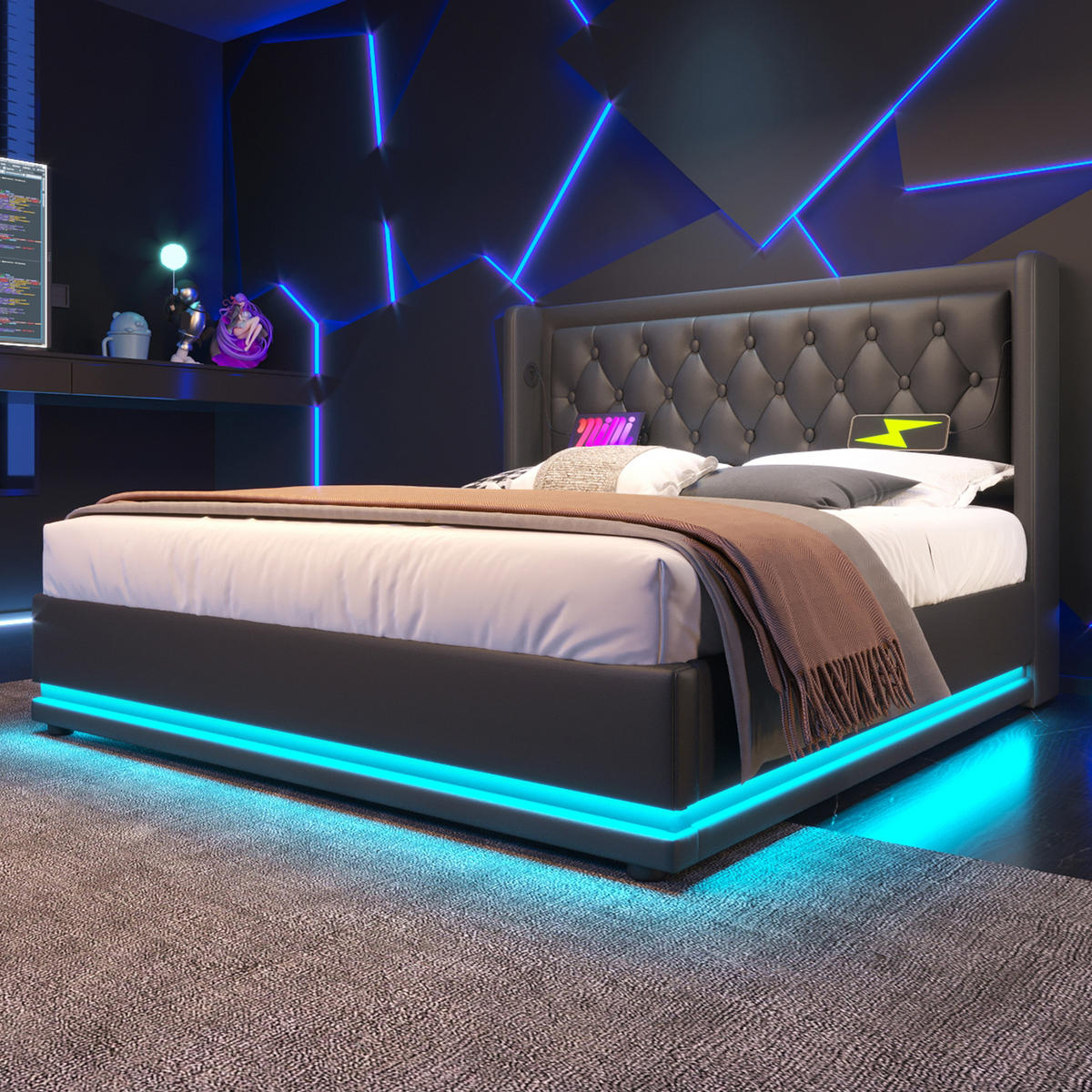 POLSTERBETT 160/200 cm Schwarz mit hydraulischem Stauraum und USB-Anschlüssen - Schwarz, Kunststoff (160/200cm) - OKWISH