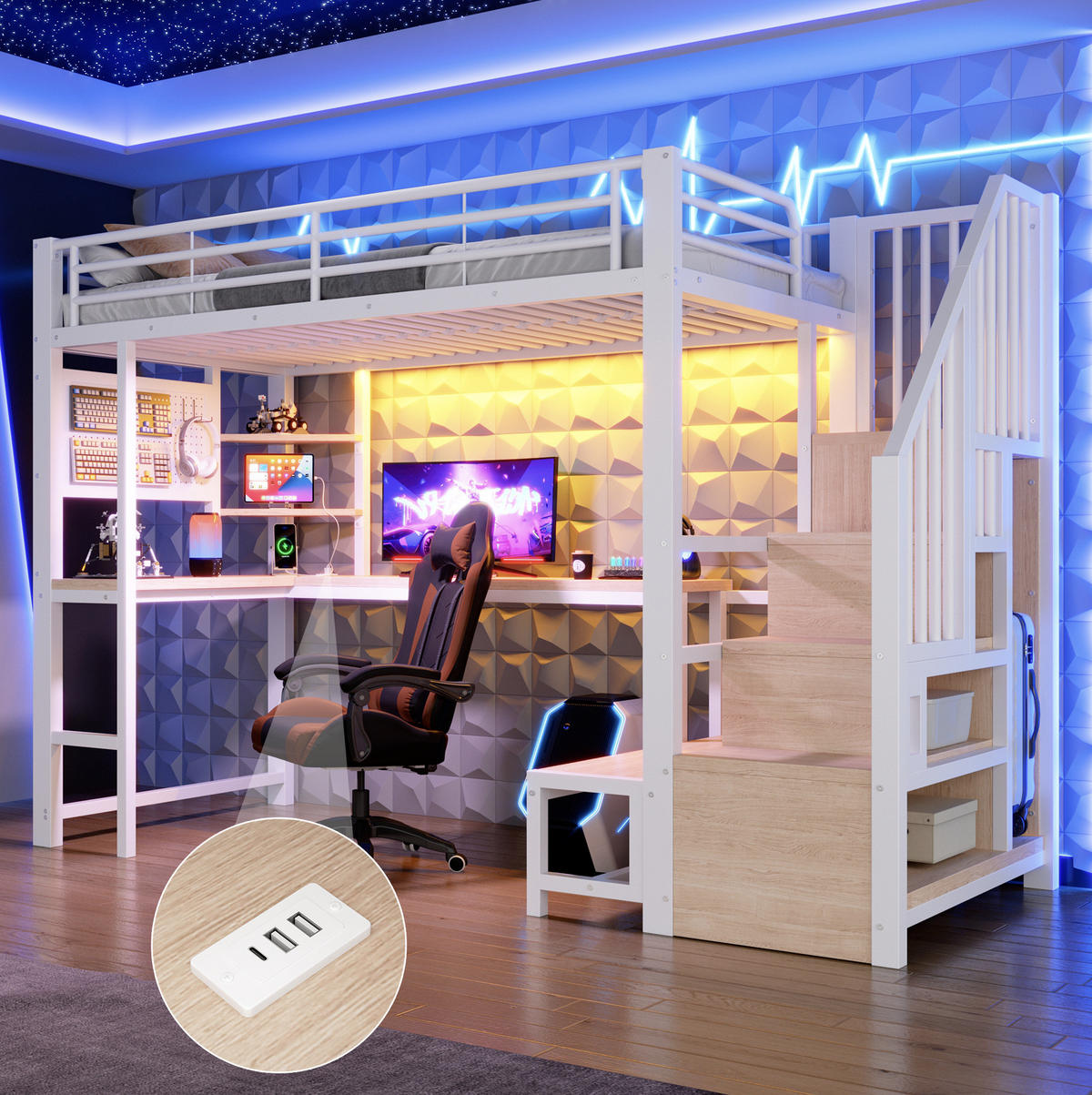 HOCHBETT 90x200 cm in Weiß mit Schreibtisch, Stauraumtreppe und LED-Beleuchtung - Weiß, Holzwerkstoff (90/200cm) - IVMEU