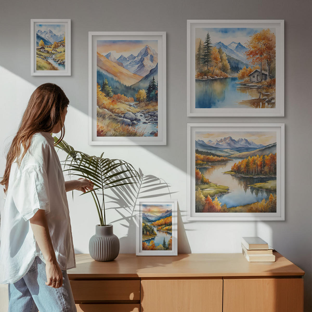 WANDBILDER 5er-Set - 50x50 cm & 20x30 cm & 40x60 cm Weißer Rahmen - Berglandschaft, Flusshütten - Weiß, Kunststoff (40/60cm) - ArtPrintCave