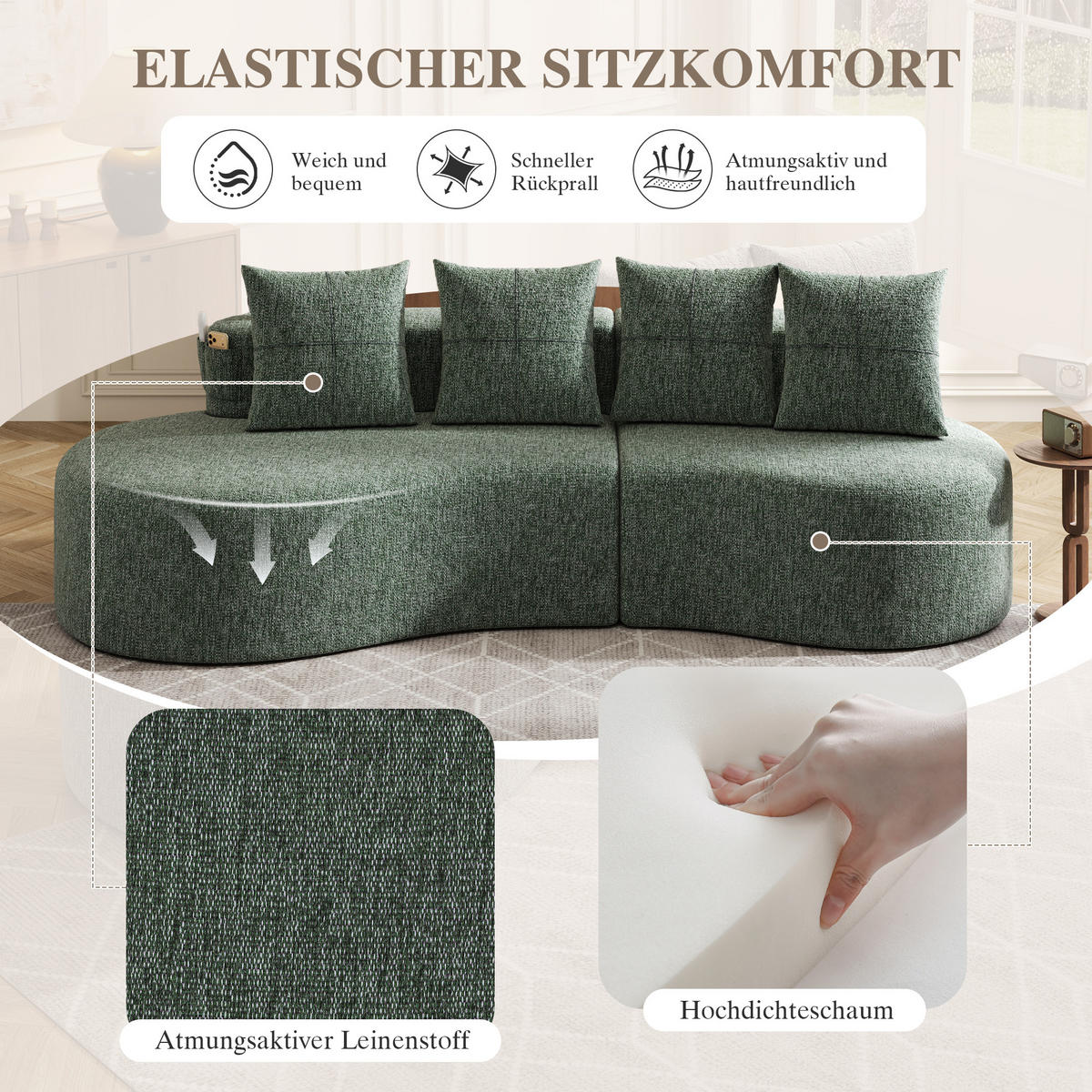 3-SITZER SOFA leinenstoff farbwahl mit getränkehalter & seitentaschen - Grün, Textil (240/63/109cm) - Urban Meuble