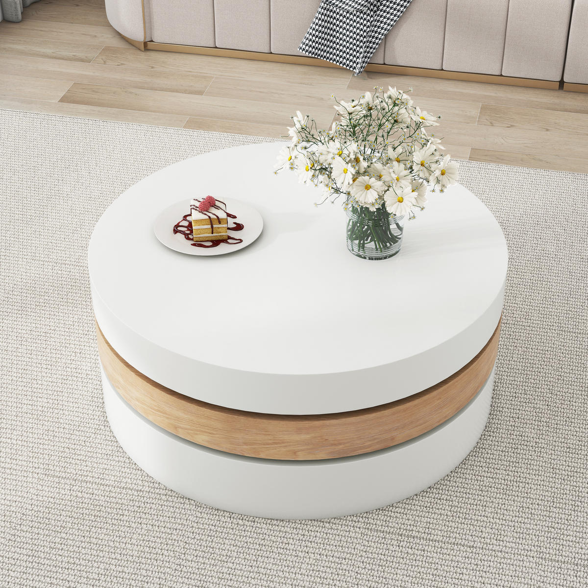 COUCHTISCH Weiß/Natur 360° drehbar mit Stauraum 60/60/35 cm - Weiß, Holzwerkstoff (60/60/35.1cm) - PANGIVO