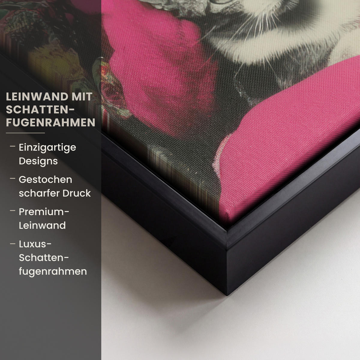 LEINWAND Bilder mit Rahmen - Frau - Katze - Blumen - Tasse - Retro - 70x100 - Magenta, Textil (70/100cm) - MuchoWow