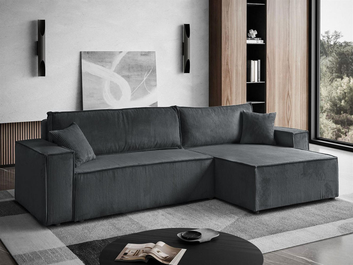 ECKSOFA Gepolstertes CARLO XL Cord mit Schlaffunktion und Bettkasten, Poso 34 - Dunkelgrün, Textil (277/143cm) - Lookway