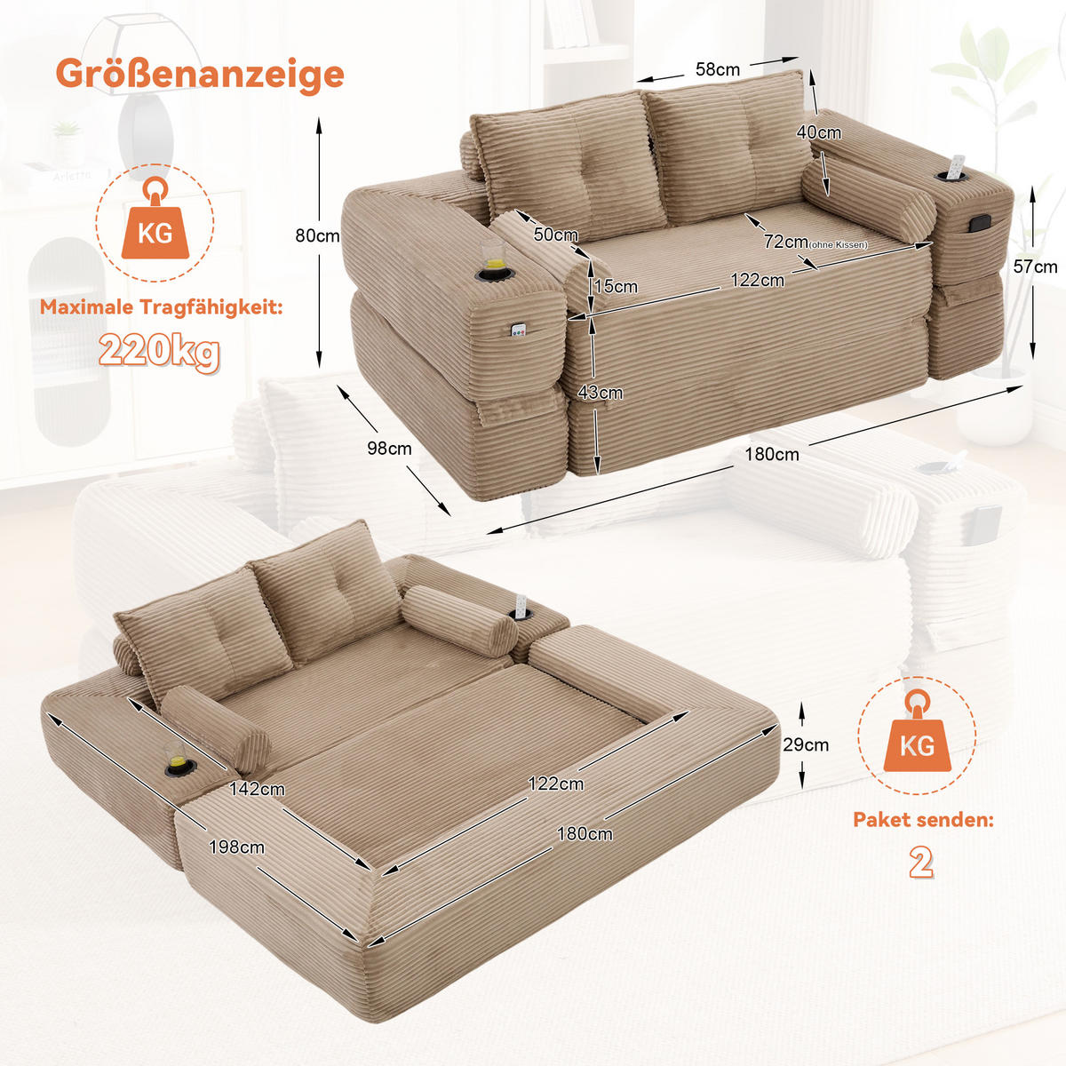 SCHLAFSOFA mit Schlaffunktion, Getränkehalter und Memory-Kissen aus Cord - Taupe, Textil (180/80/98cm) - EVRYAE