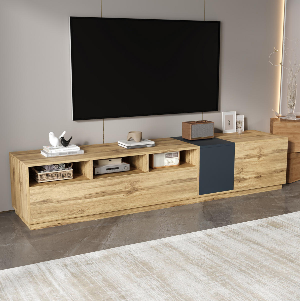TV-STÄNDER 200/45/45 cm schwarz-grau mit Holzplatte und offenen Fächern - Schwarz, Holzwerkstoff (200/45/45cm) - OKWISH