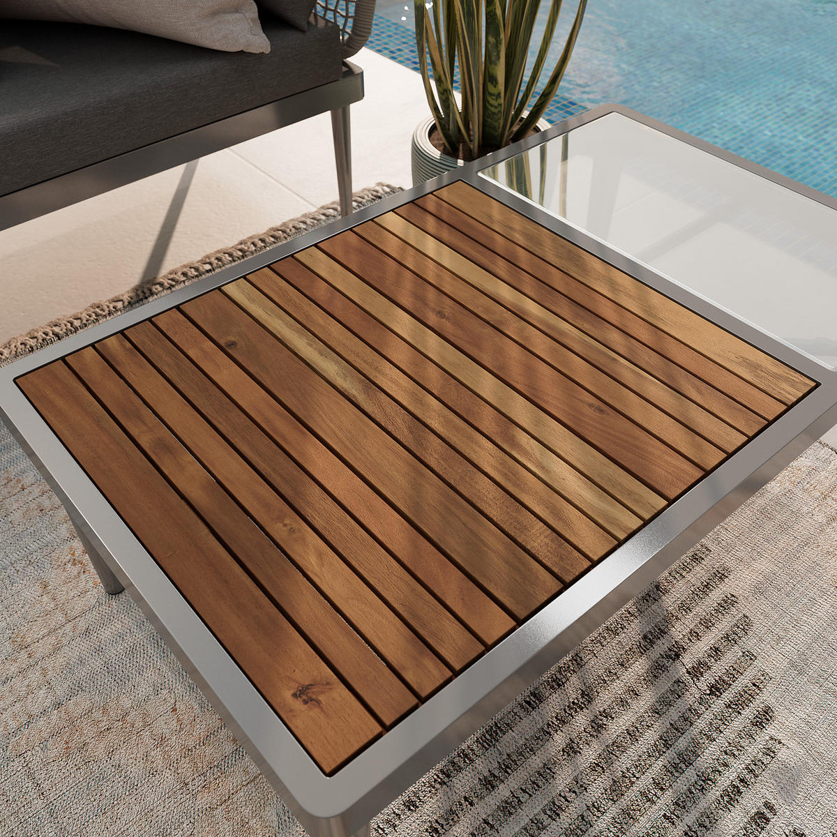 LOUNGESET - Stahl / Polyester - Anthrazit - 3-teilig - Anthrazit/Braun, Naturmaterialien/Glas - home24