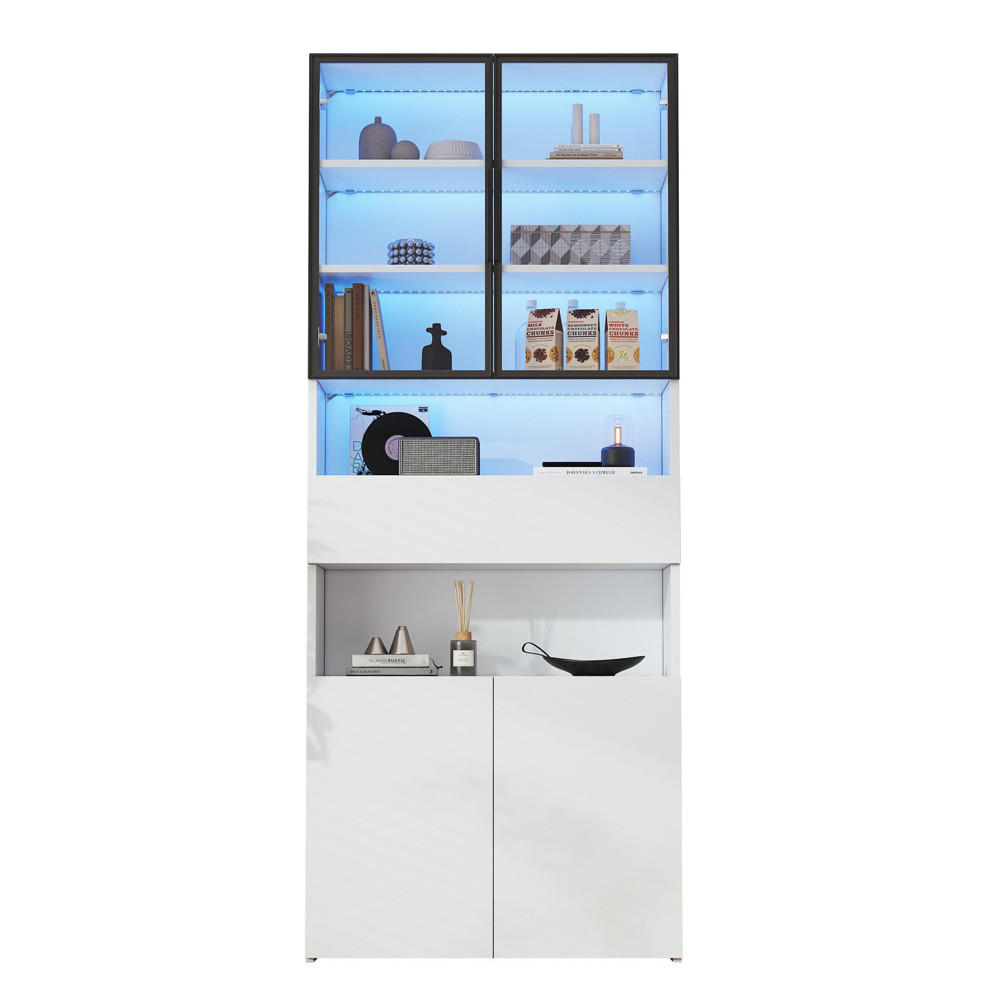 VITRINE 70/30/200 cm aus Spanplatte mit LED-Beleuchtung, Glastüren, Schublade und Unterschrank, Weiß - Weiß, Holzwerkstoff (70/200/30cm) - Redom