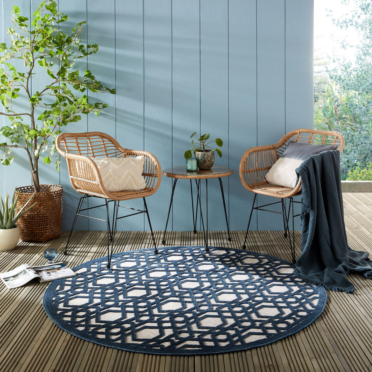 OUTDOOR-TEPPICH Marokkanisches-Mosaik, winterfest STOUR LIAM, Blau-Grau 160x160 cm - Blaugrau, Textil (160/160cm) - KADIMA DESIGN